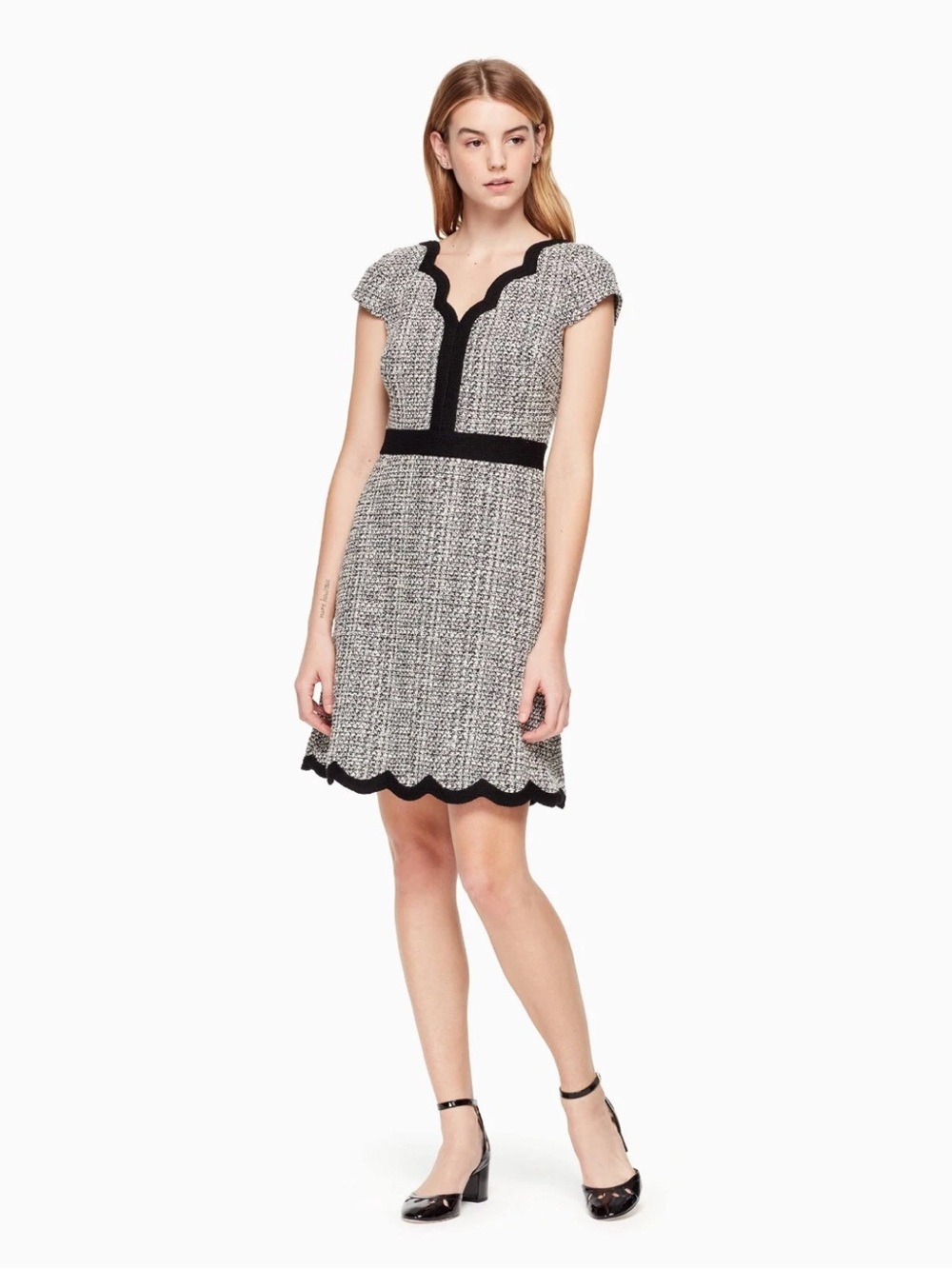 Kate Spade Black and Cream Tweed Scallop-Trim Cap Sleeve Dress